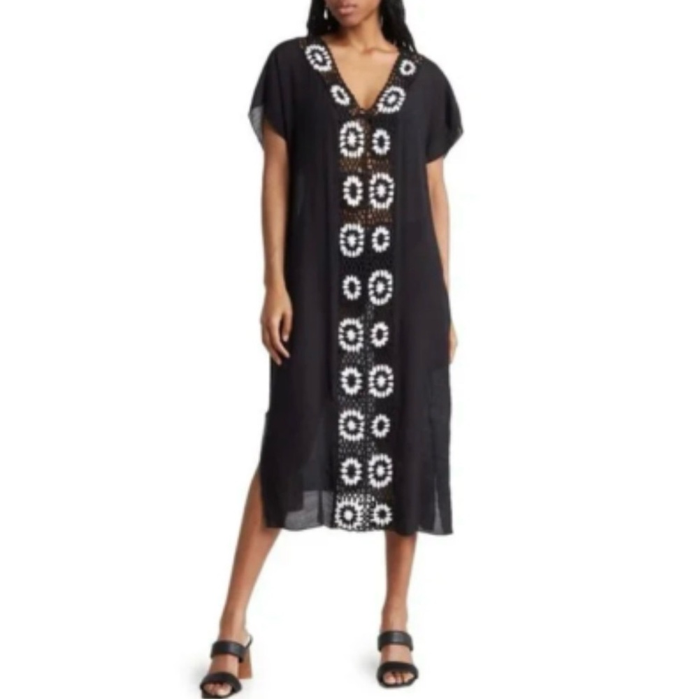 Vince Camuto Crochet Black Caftan Beach Swimwear Coverup, Size OS